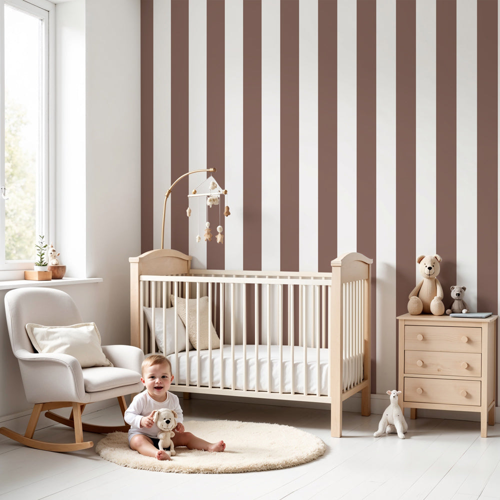 Brown striped mural wallpaper in modern children's bedroom with natural wood furniture by Kids-Mundo