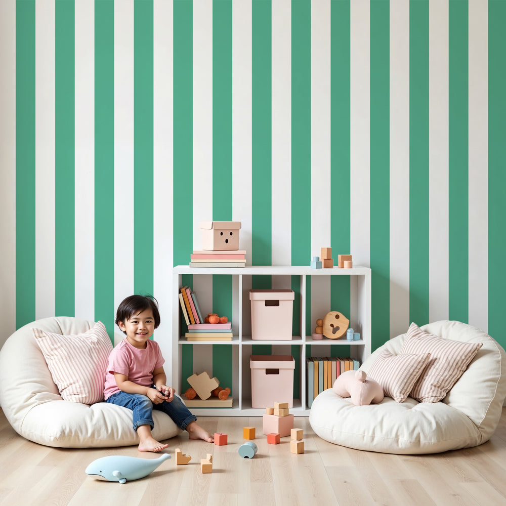 Green watercolor striped mural wallpaper in modern nursery with white furniture by Kids-Mundo
