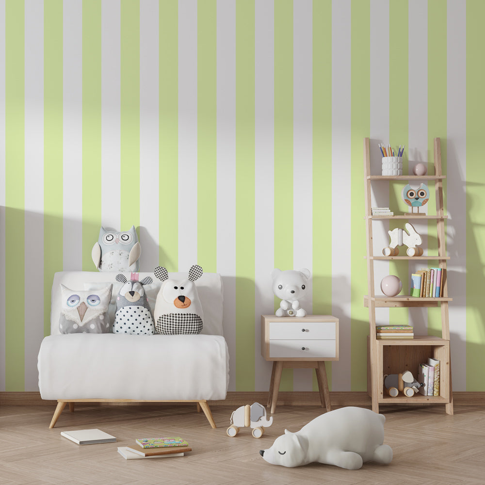 Yellow vertical stripes wallpaper creating calm atmosphere in children's bedroom decor