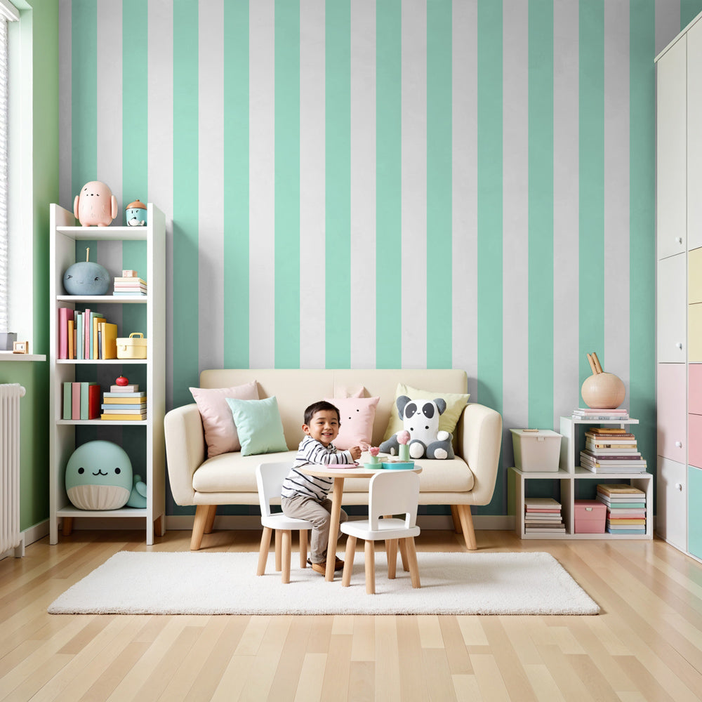 Soft green striped wallpaper creating serene kids bedroom atmosphere with wooden furniture