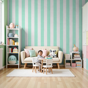 Soft green striped wallpaper creating serene kids bedroom atmosphere with wooden furniture