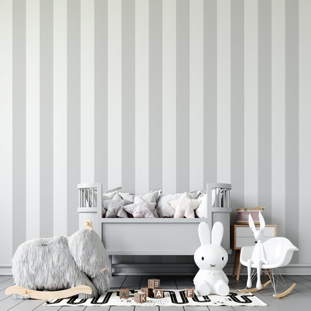 Gray striped mural wallpaper transforming kids room with calming vertical lines