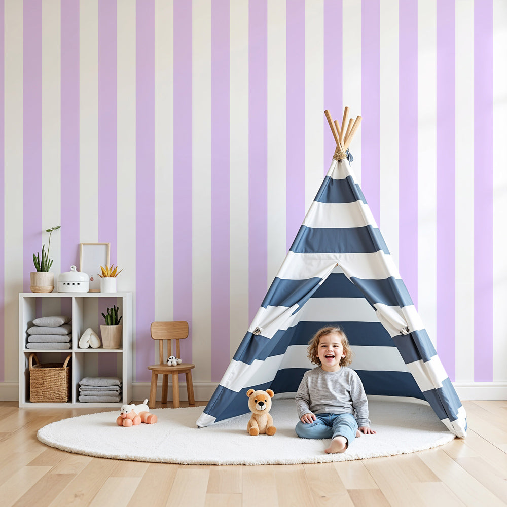 Soft mauve striped mural wallpaper in elegant nursery setting by Kids-Mundo