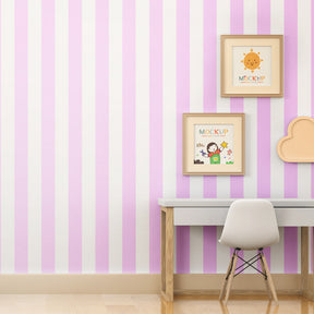 Gentle striped mural wallpaper for kids playroom with soft mauve tones by Kids-Mundo