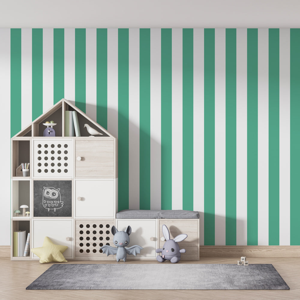 Modern striped mural wallpaper accent wall in kids playroom with colorful toys by Kids-Mundo