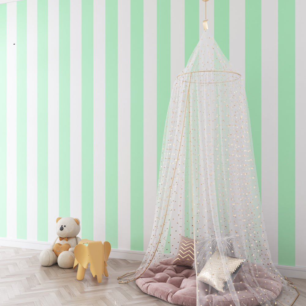 Pastel green striped mural wallpaper enhancing bright kids playroom by Kids-Mundo