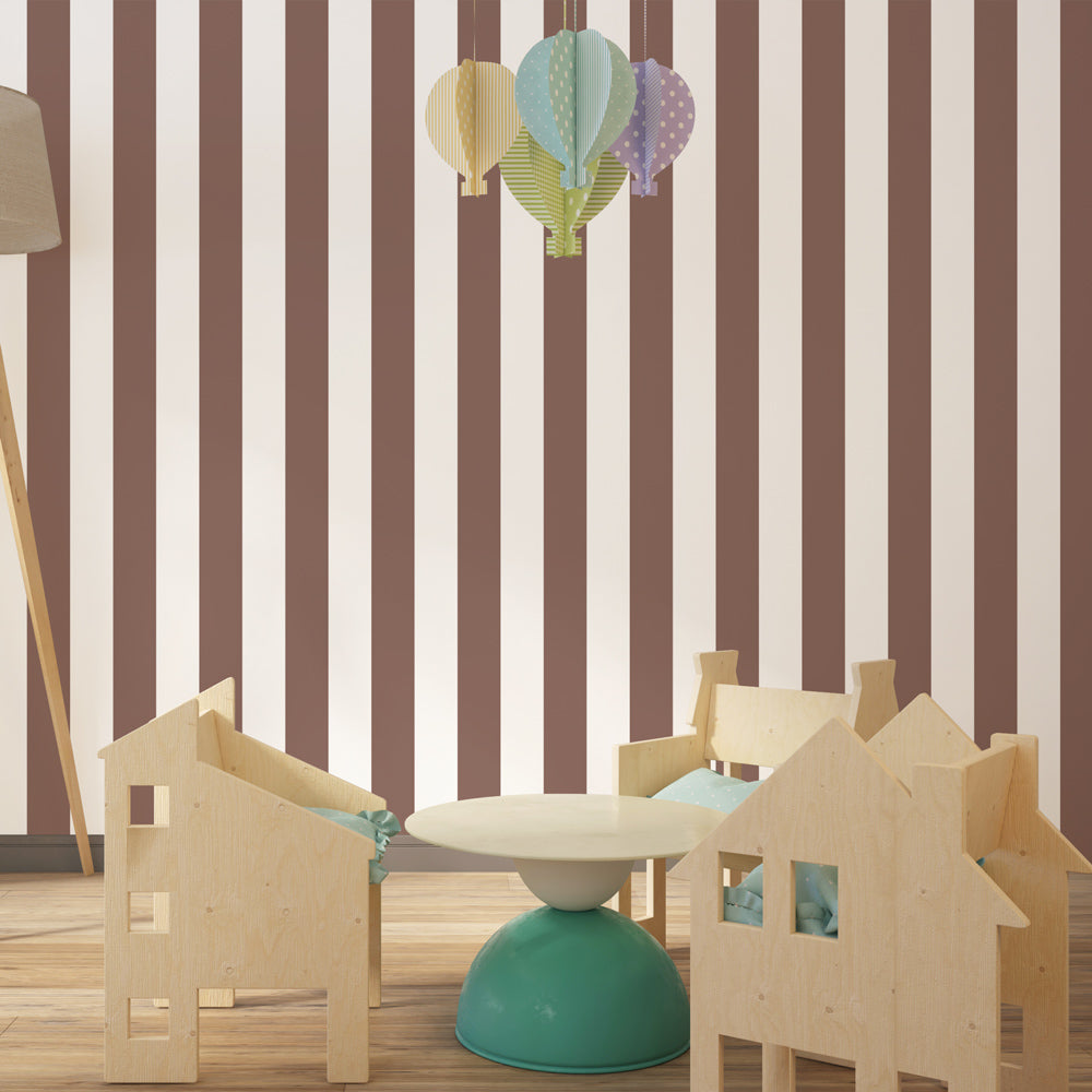 Vertical striped mural wallpaper enhancing room height in children's space interior design