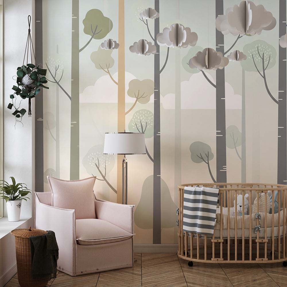 Kids-Mundo forest trees and clouds wall mural covering a kids bedroom wall in soft tones.