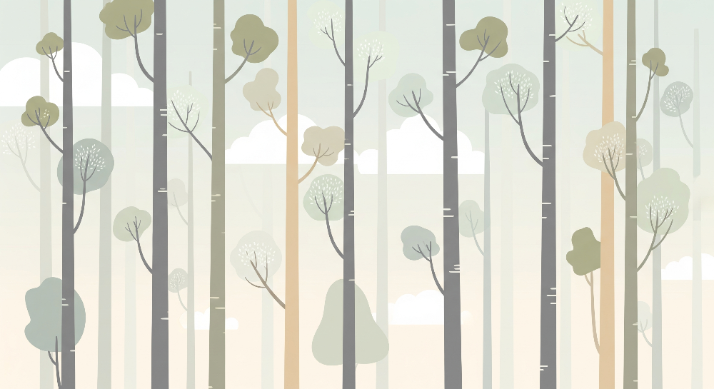 Stylised Forest Trees and Clouds Wall Mural