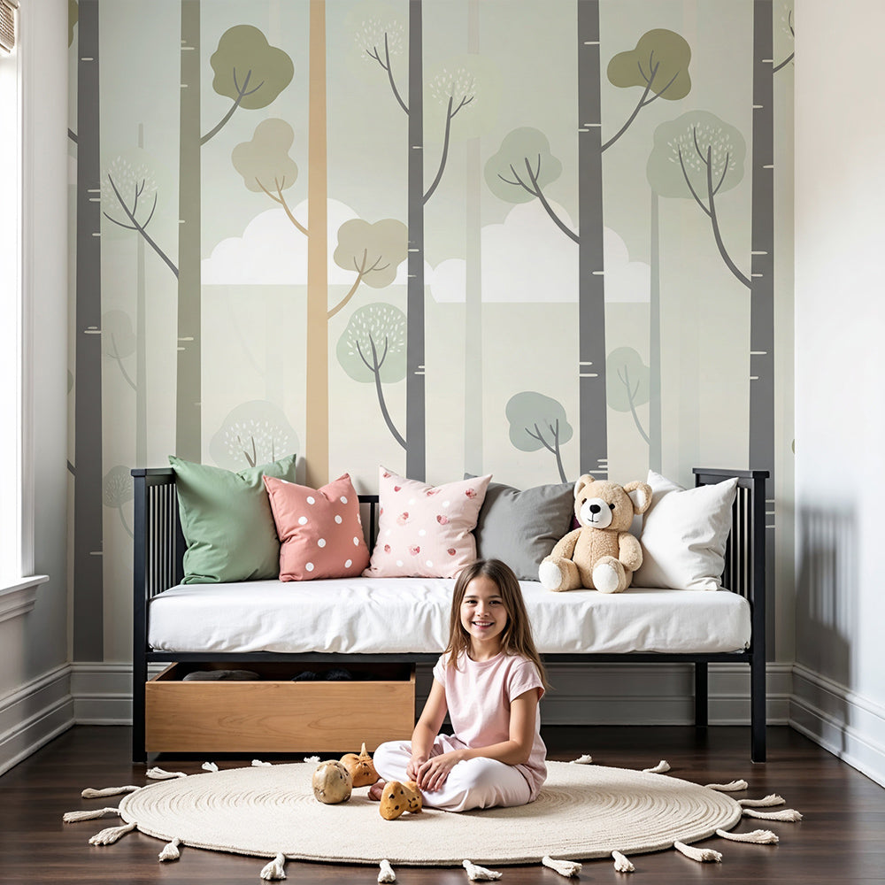 Kids-Mundo stylised forest trees and clouds wall mural in a calm, muted nursery setting.
