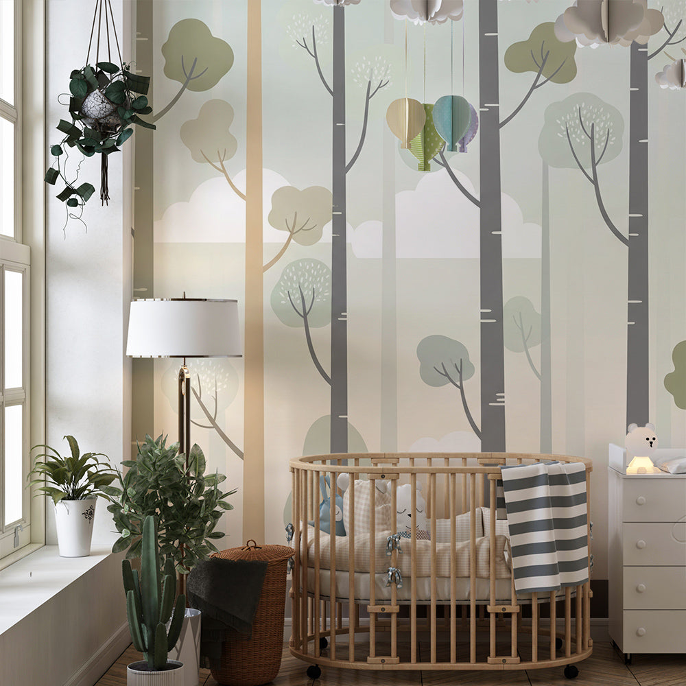 Kids-Mundo stylised forest wall mural adding gentle pattern and colour to a children's playroom.