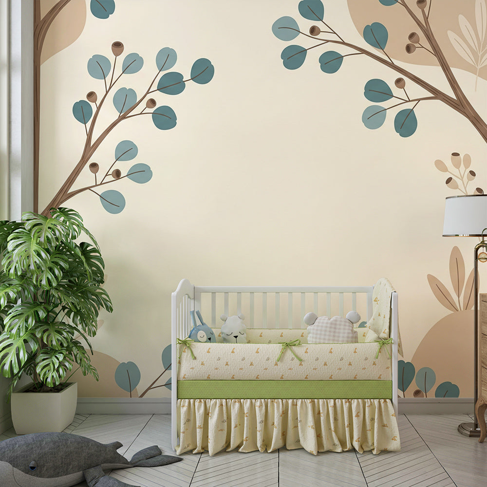 Kids-Mundo stylised tree wall mural bringing soft teal and cream tones to a kids bedroom wall