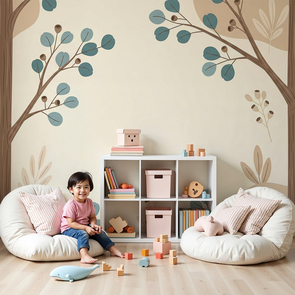 Kids-Mundo tree wall mural with teal leaves printed behind a cot in a calm nursery
