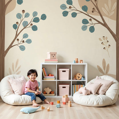 Kids-Mundo tree wall mural with teal leaves printed behind a cot in a calm nursery