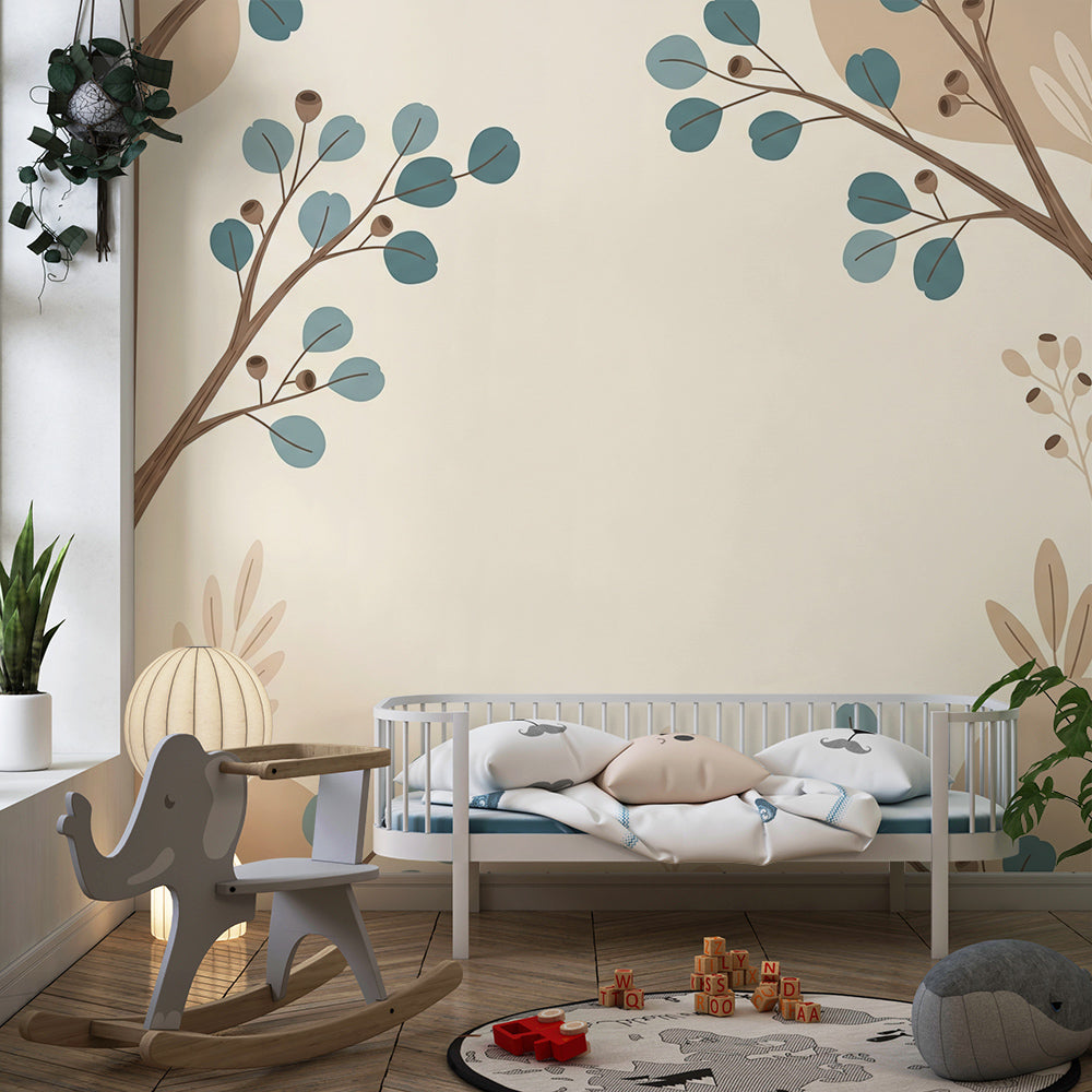 Kids-Mundo tree wall mural adding a modern teal leaf design to a bright playroom wall