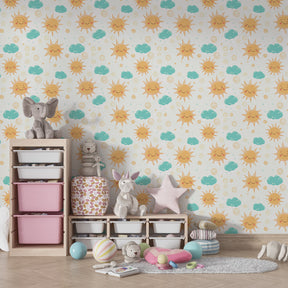 Children's bedroom with sun clouds wallpaper featuring orange and blue color scheme by Kids-Mundo