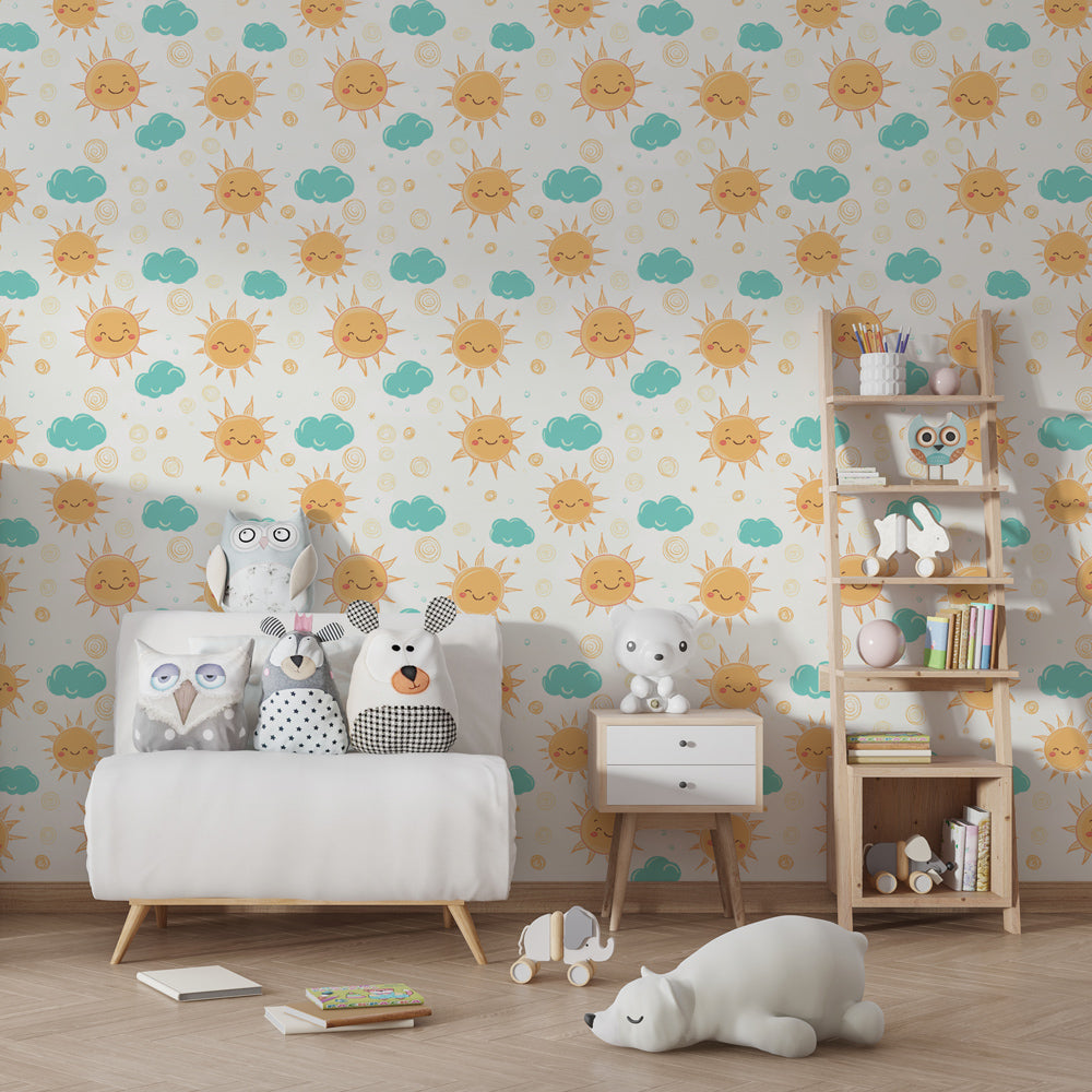 Playful sun and cloud mural wallpaper transforming kids playroom into joyful space
