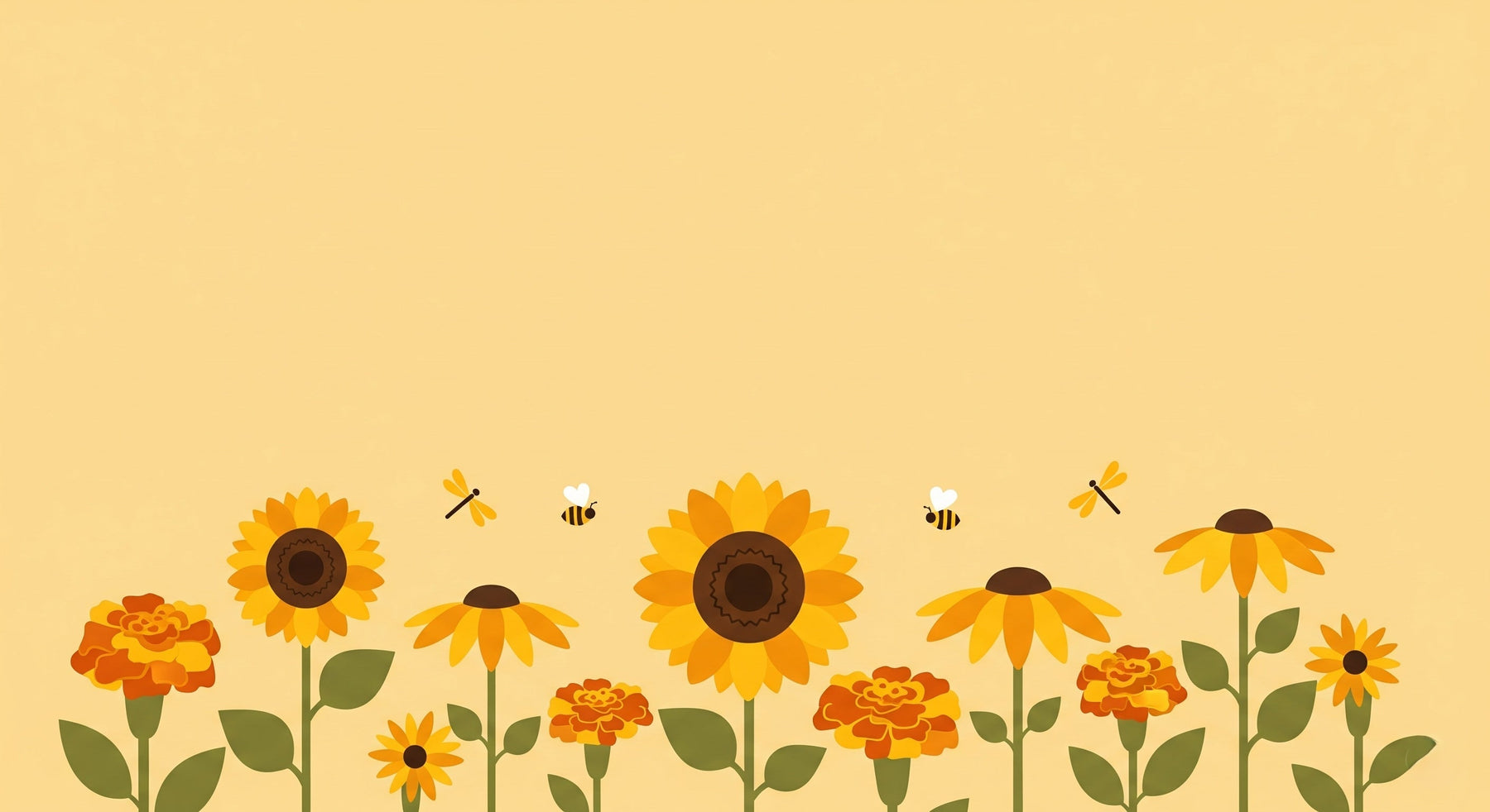 Detailed sunflower garden mural wallpaper design pattern with bees and dragonflies by Kids-Mundo
