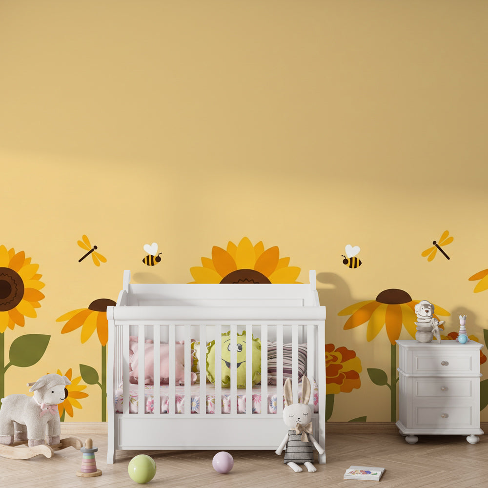 Floral garden wallpaper with sunflowers and bees in modern children's bedroom decor by Kids-Mundo