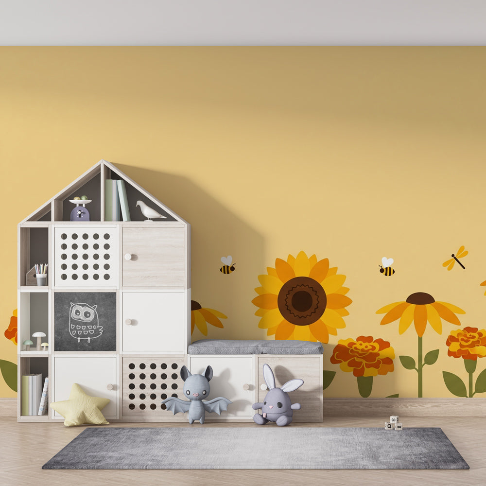 Yellow sunflower mural wallpaper transforming playroom into garden paradise for kids by Kids-Mundo