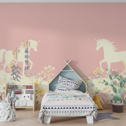 Kids-Mundo sunflower meadow unicorn wall mural styled in a child's bedroom with soft pink tones