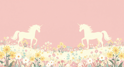 Kids-Mundo flat artwork preview of the sunflower meadow unicorn wall mural design in pastel pink