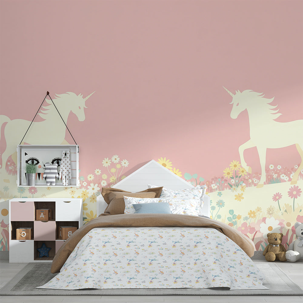 Kids-Mundo unicorn and sunflower wall mural shown as a feature wall in a children's playroom
