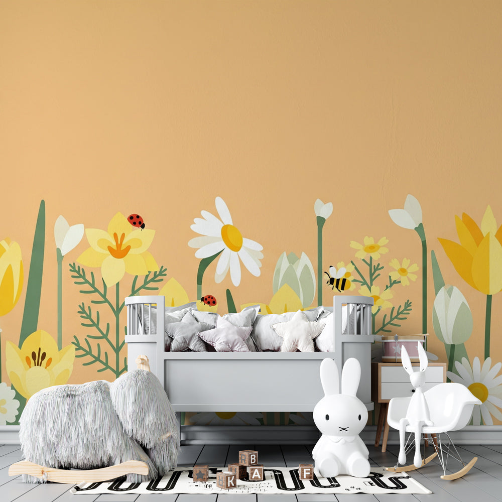 Kids-Mundo yellow wildflower meadow wall mural covering a feature wall in a bright kids bedroom.