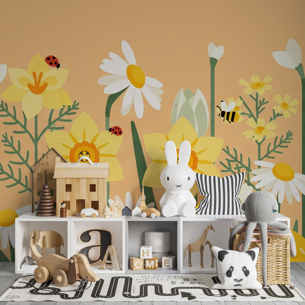 Kids-Mundo floral meadow wall mural bringing cheerful colour to a sunny, toy-filled playroom.