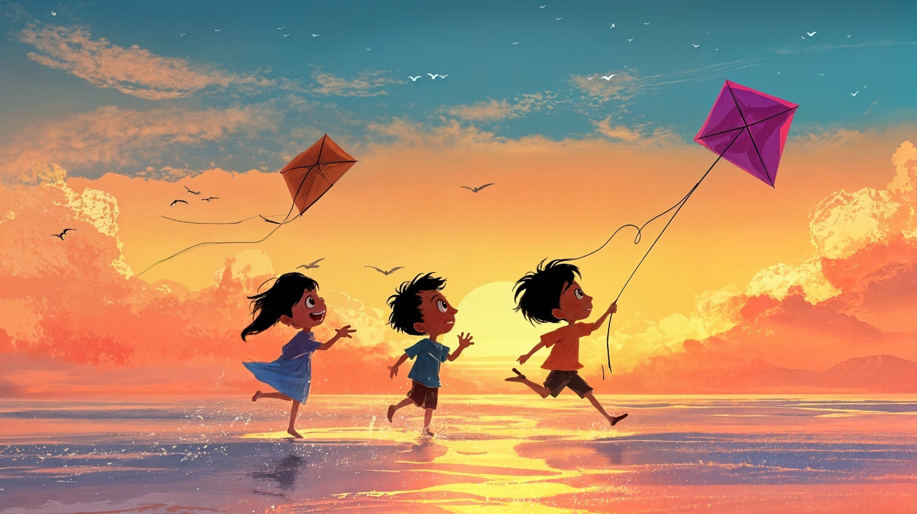 Detailed sunset beach mural wallpaper design pattern showing kids flying kites by Kids-Mundo