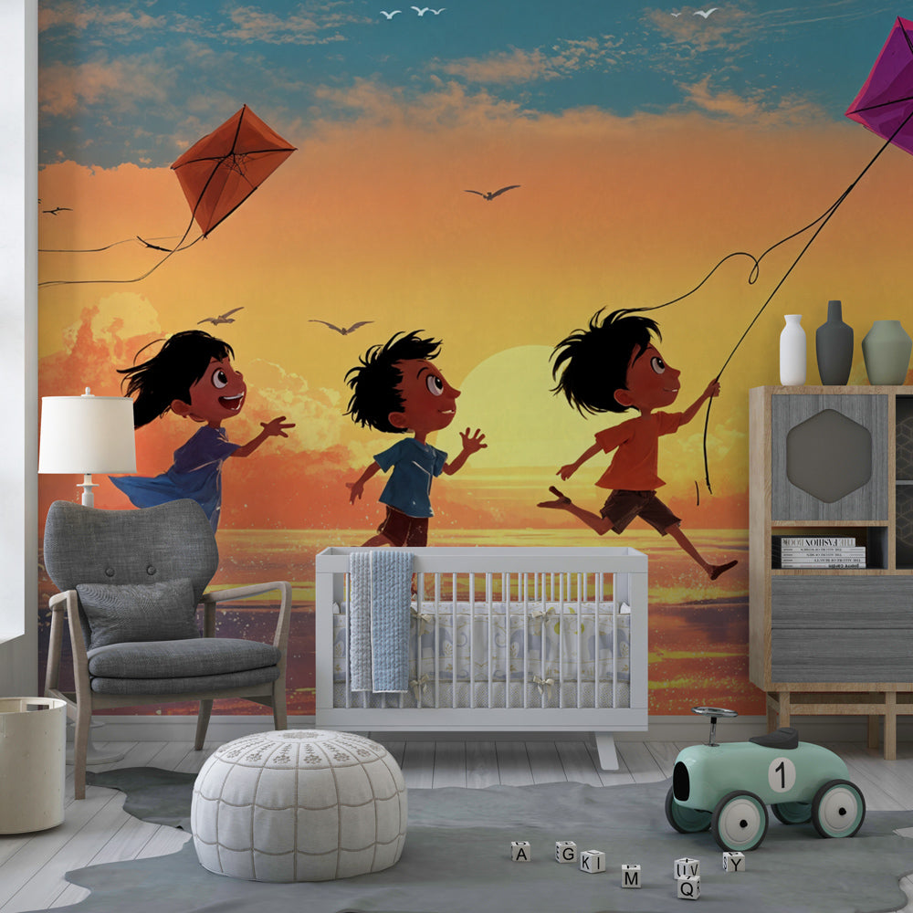 Beach adventure wallpaper creating coastal themed nursery with warm sunset colors by Kids-Mundo