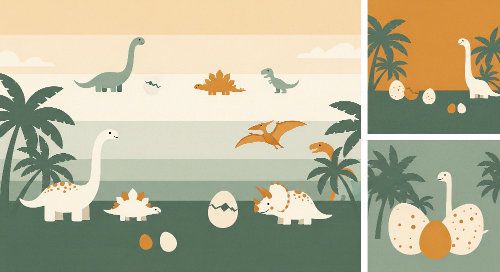 Kids-Mundo flat artwork of dinosaur silhouettes and hatching eggs under a sunset sky