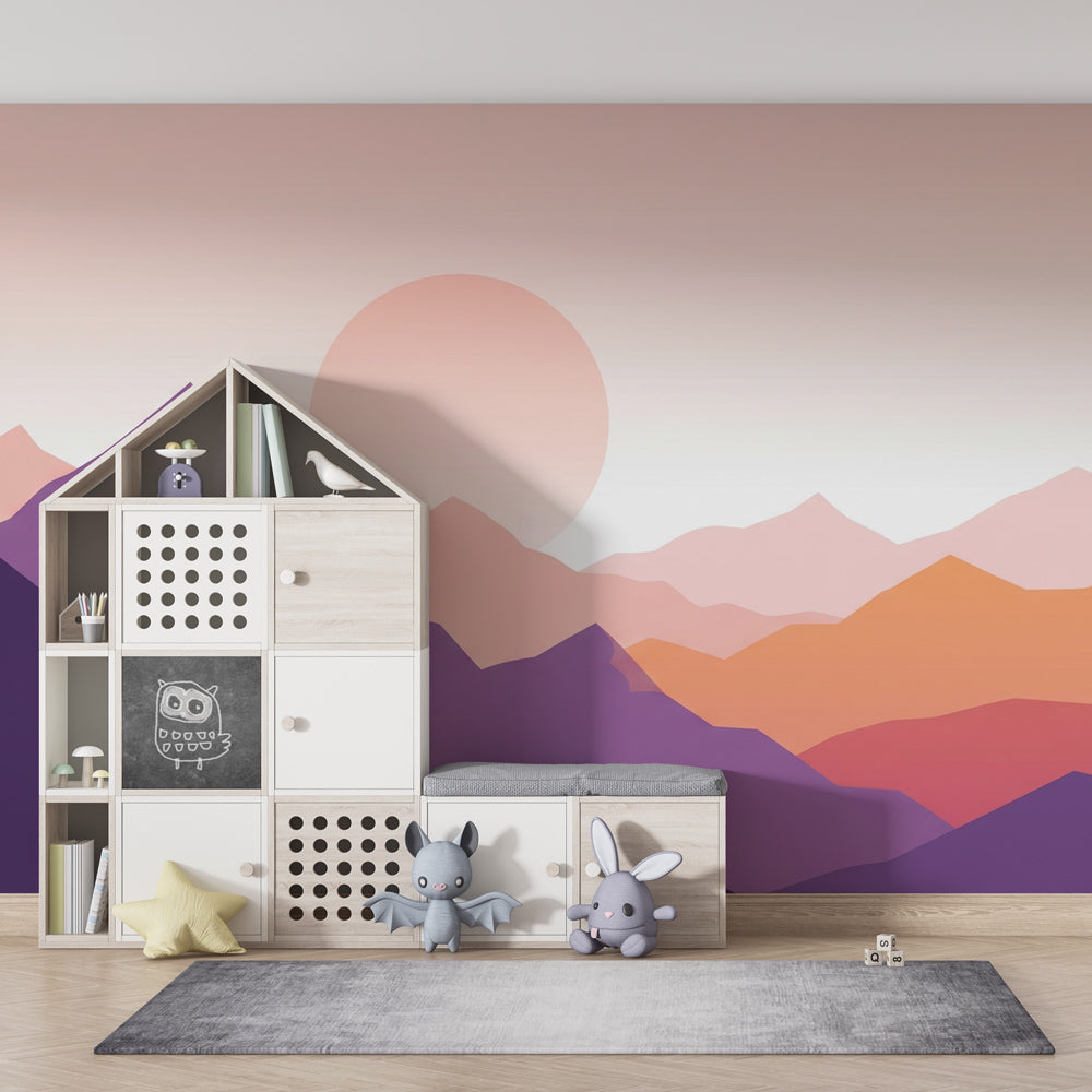 Kids-Mundo sunset gradient mountain wall mural as a feature wall behind the bed in a kids bedroom