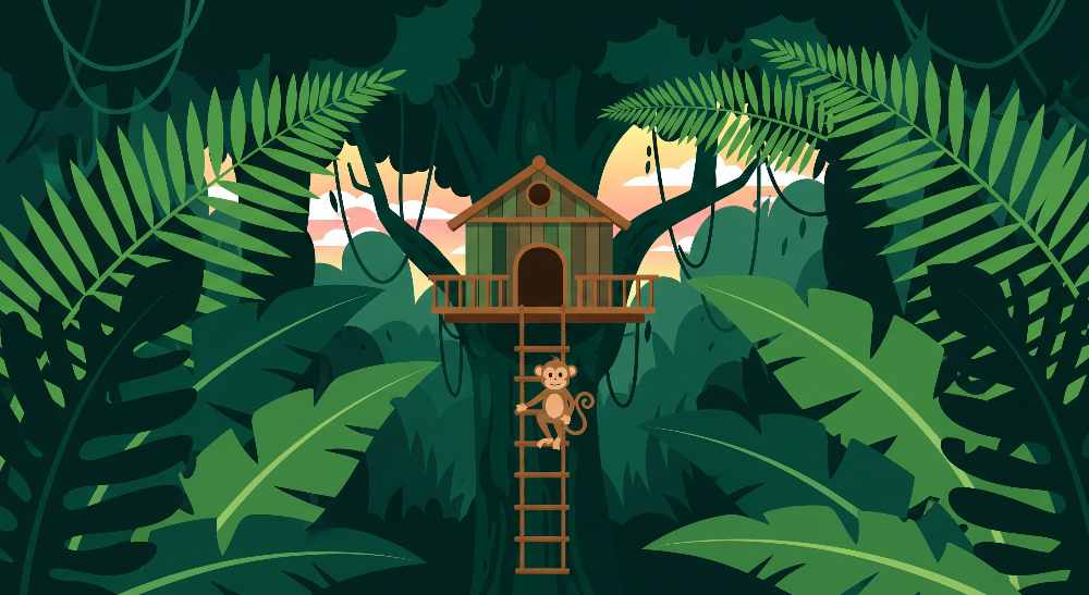 Jungle Treehouse at Sunset with Climbing Monkey Wall Mural