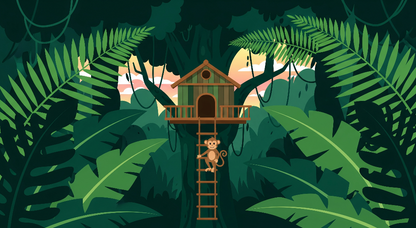 Kids-Mundo flat artwork of a monkey climbing a ladder to a treehouse at jungle sunset.