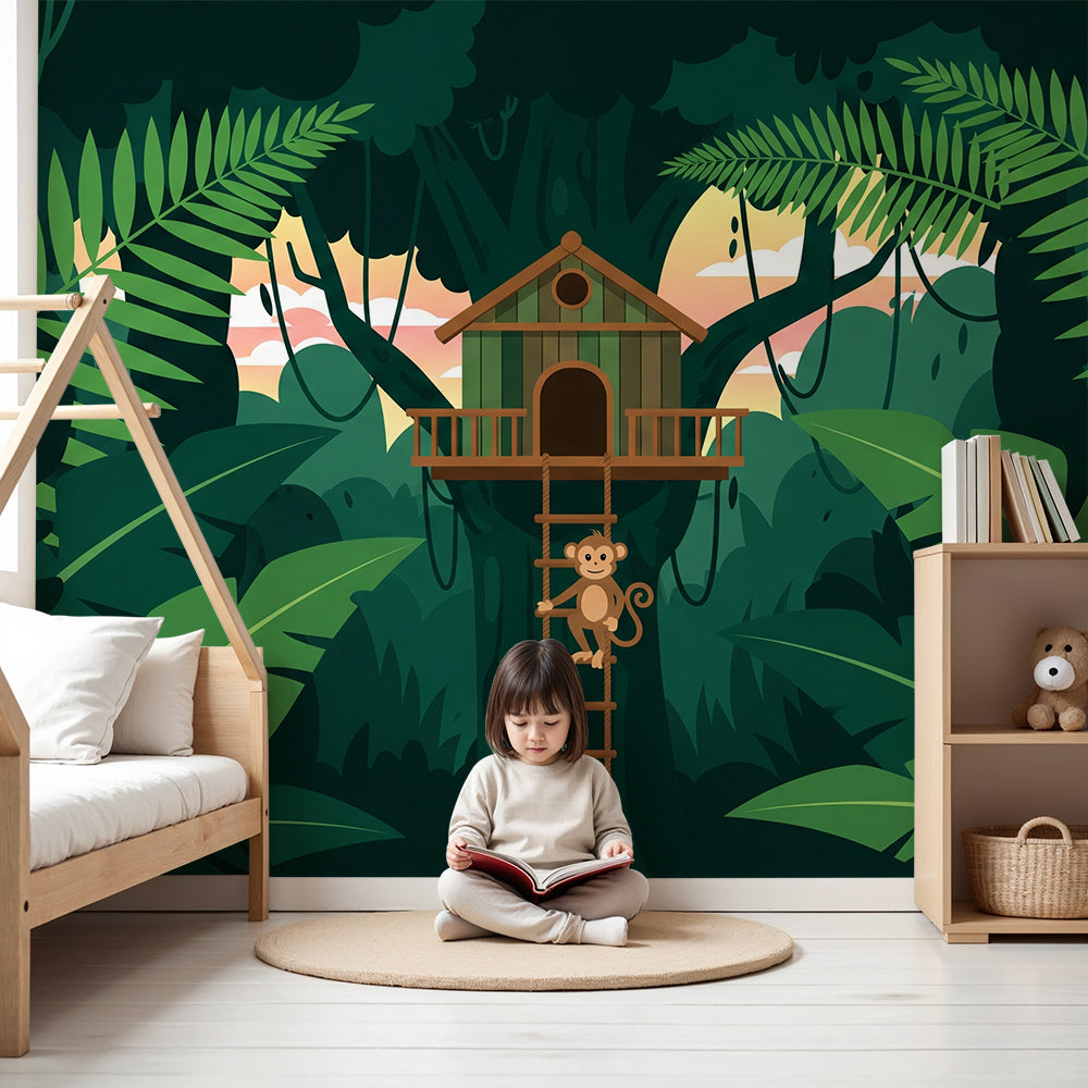 Kids-Mundo sunset treehouse wall mural with a climbing monkey in a soft, calm nursery.