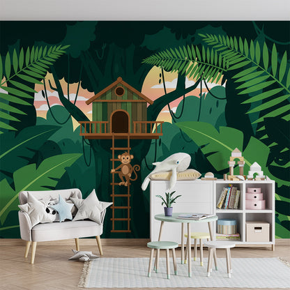 Kids-Mundo dusk jungle treehouse wall mural bringing adventure to a children's playroom wall.