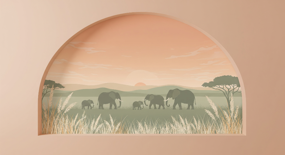 Kids-Mundo flat artwork of an elephant family walking through a golden sunset savanna