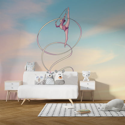 Kids-Mundo watercolour gymnast wall mural shown on a feature wall in a girl's bedroom