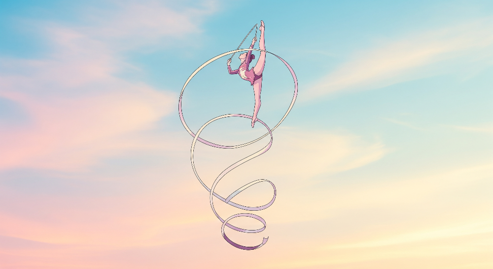 Kids-Mundo ribbon gymnast artwork against a dreamy sunset sky, a made to measure design
