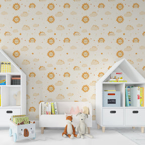Happy sky themed mural wallpaper creating cheerful kids bedroom decor atmosphere