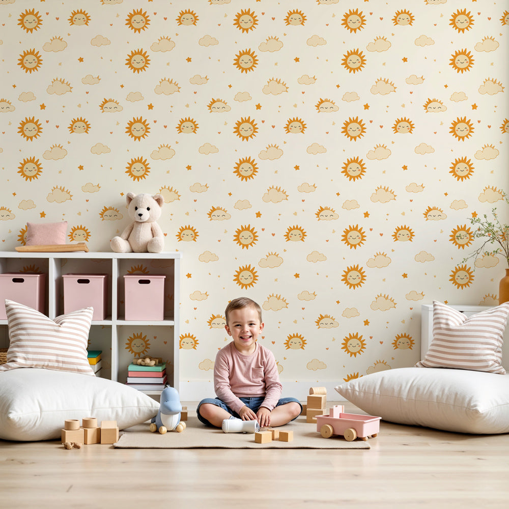 Sunshine clouds mural wallpaper with smiling suns in modern nursery by Kids-Mundo