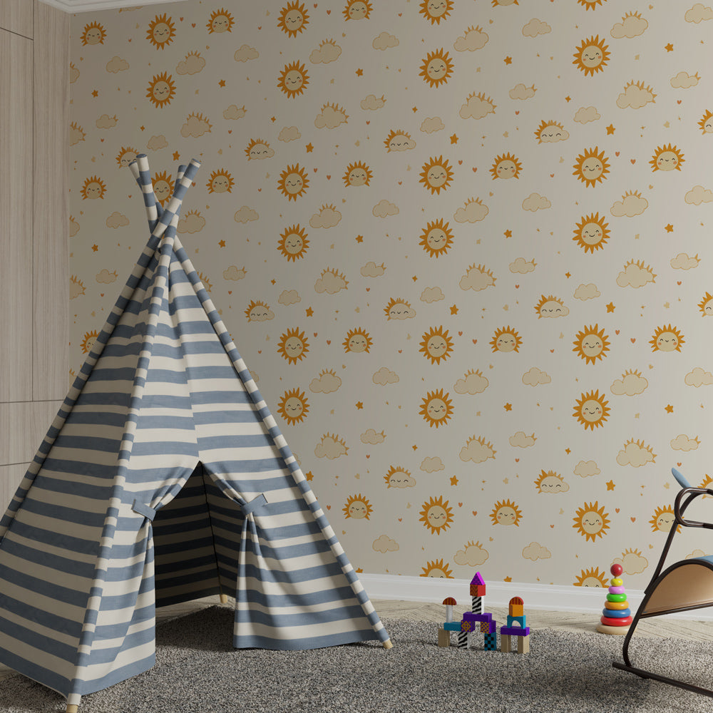 Smiling suns and clouds wallpaper transforming children's playroom into sunny paradise