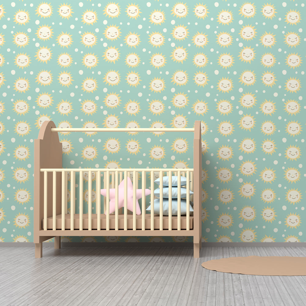 Cheerful sun ray wallpaper transforming kids bedroom with joyful blue atmosphere