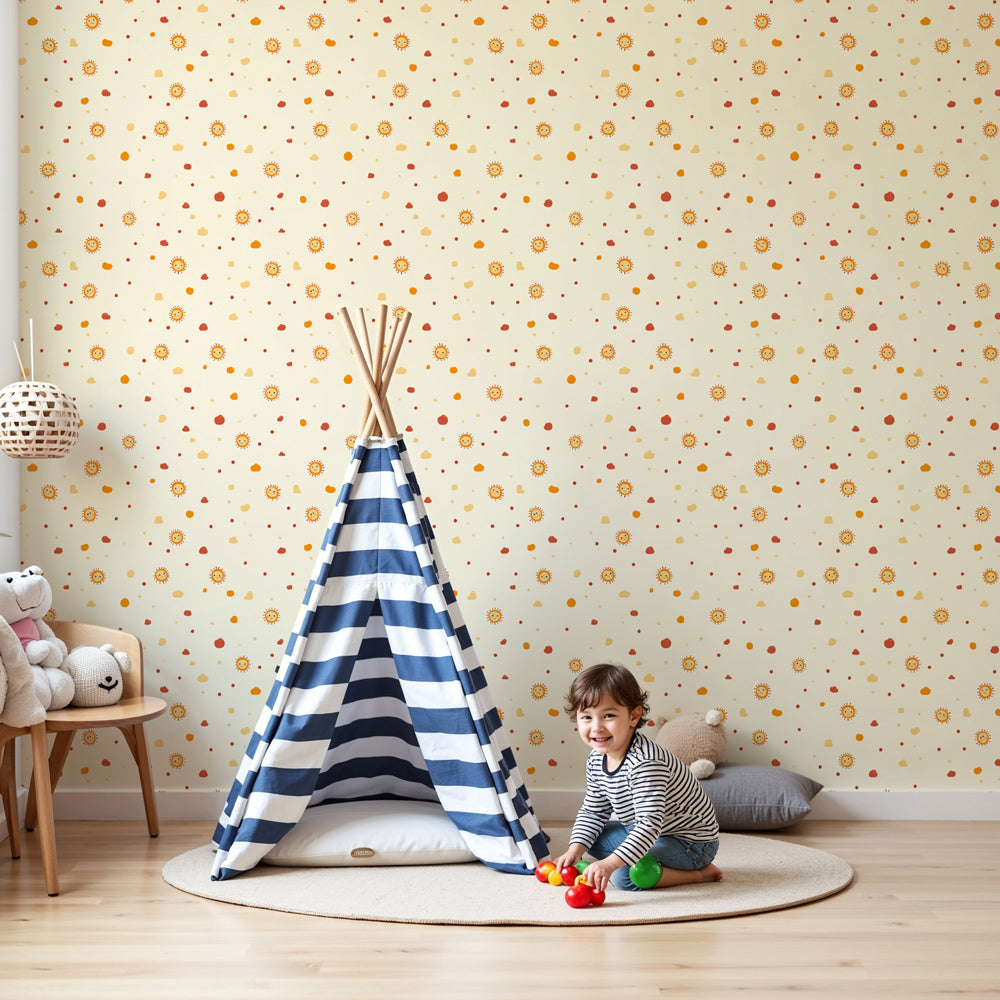 Sunshine mural wallpaper with colorful bursts decorating bright children's bedroom by Kids-Mundo