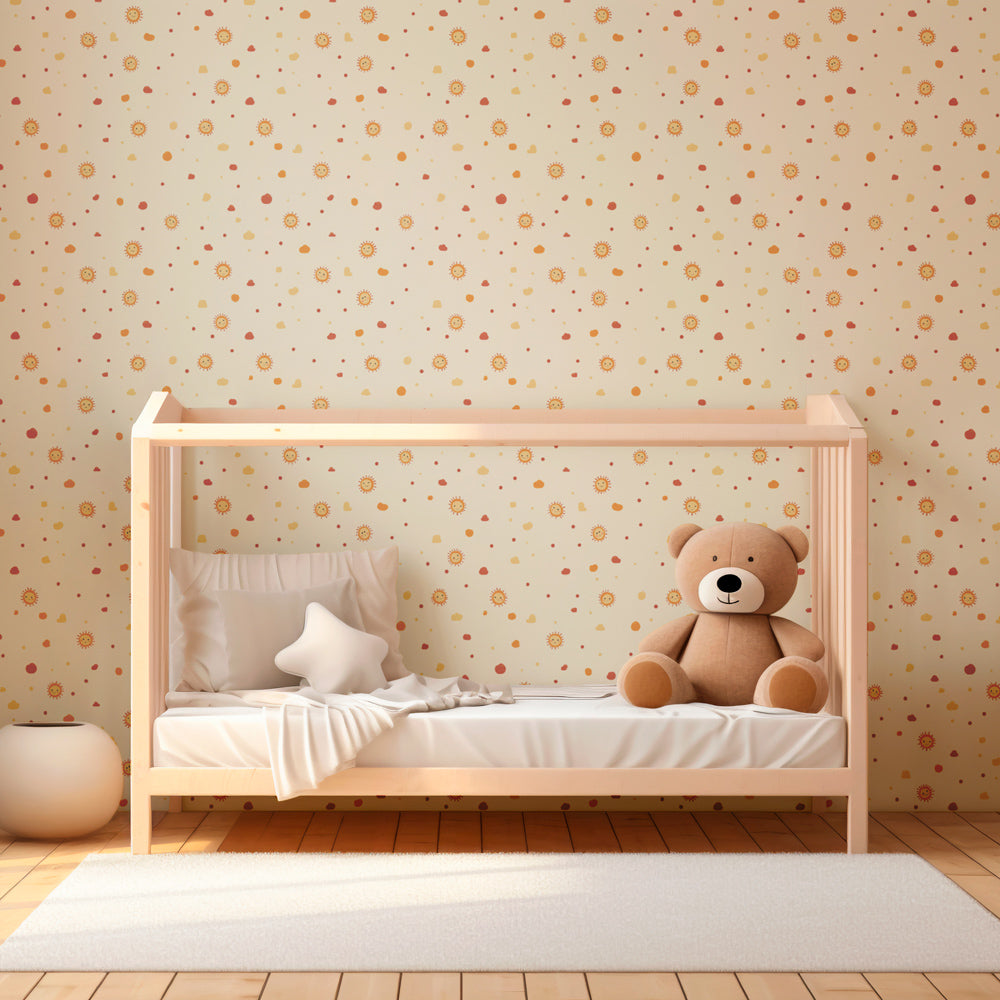 Cheerful sun motifs mural wallpaper brightening colorful kids playroom interior by Kids-Mundo