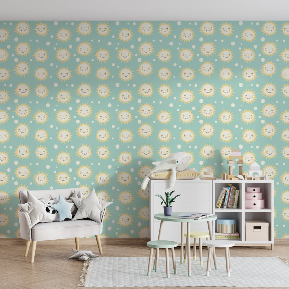 Happy sunshine wallpaper creating playful and calming children's room environment