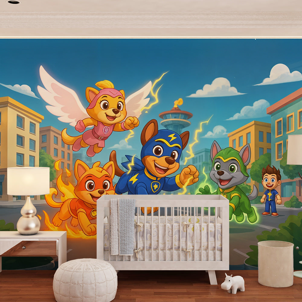 Kids-Mundo superhero animal wall mural covering a playroom feature wall with flying cat and dog heroes