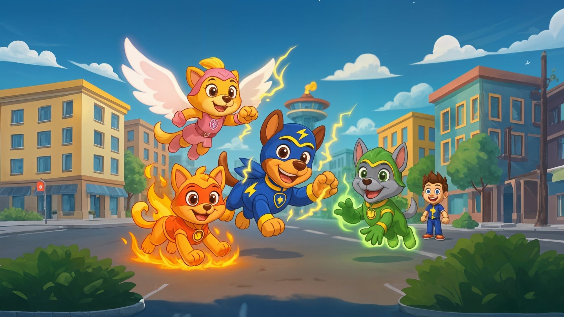 Flat artwork preview of the Kids-Mundo superhero animal squad wall mural showing hero pets over a city street
