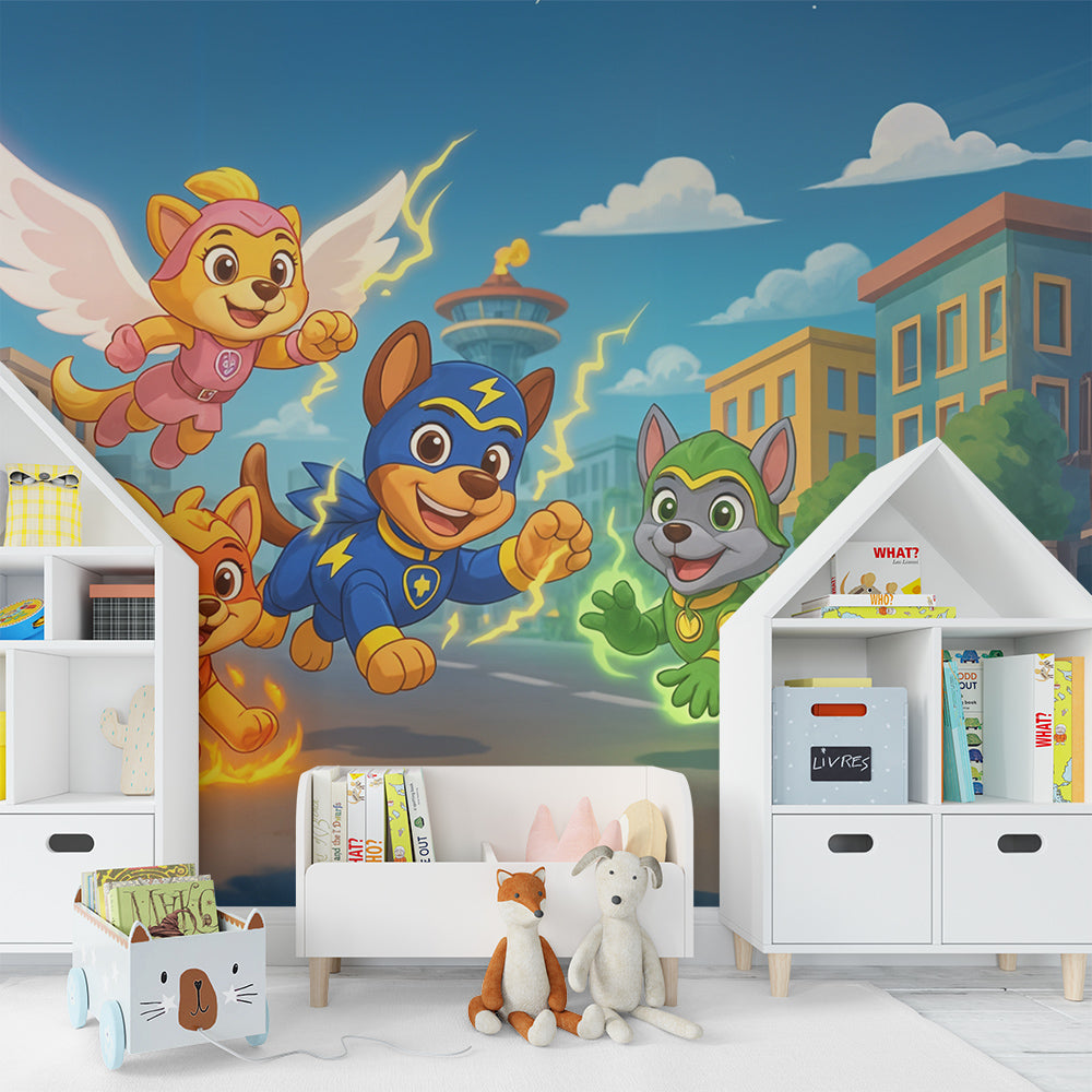 Kids-Mundo superhero animal city mural fitted in a nursery-adjacent kids room with bold blue tones